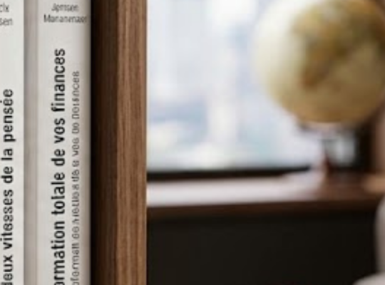 Présentation élégante des 10 meilleurs livres de finance pour 2026 avec un carnet de budget, une calculatrice et un encart pour texte personnalisé.