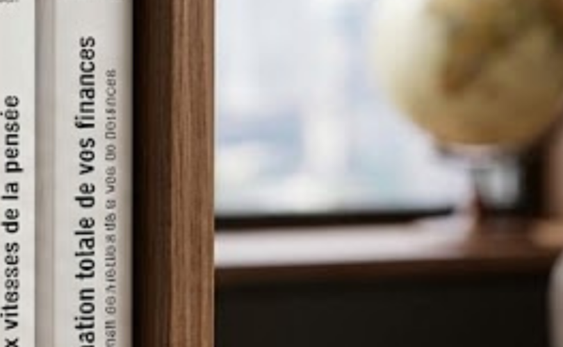 Présentation élégante des 10 meilleurs livres de finance pour 2026 avec un carnet de budget, une calculatrice et un encart pour texte personnalisé.