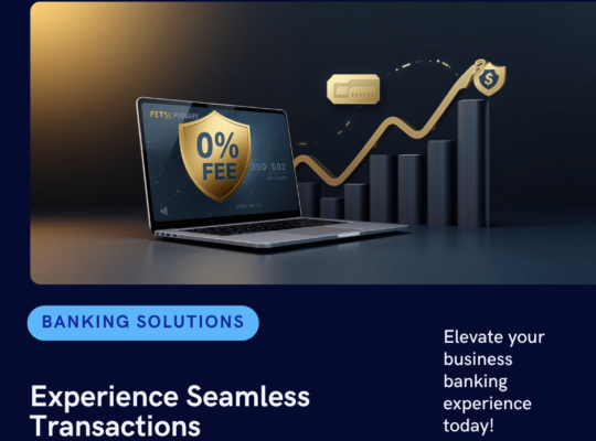 Modern professional visual illustration of business banking cards, financial analytics, and zero fee security badge.