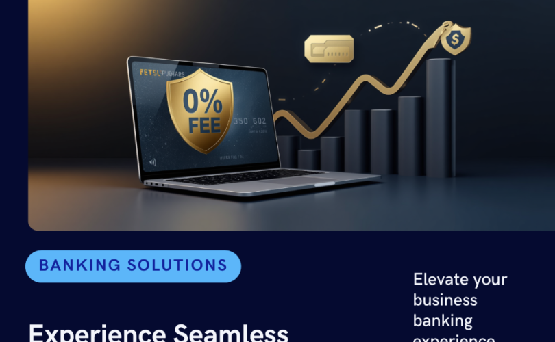 Modern professional visual illustration of business banking cards, financial analytics, and zero fee security badge.