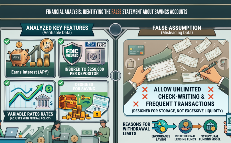 Infographic comparing true features of savings accounts, like earning interest and FDIC insurance, versus the false assumption of unlimited check writing.