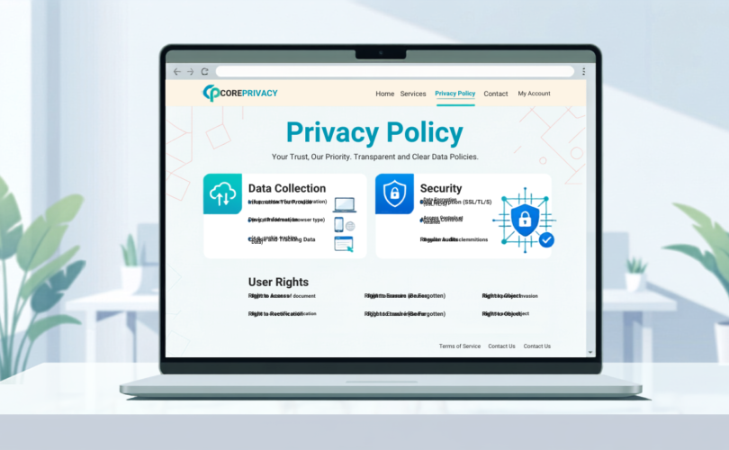 Modern laptop screen displaying a clean, professional privacy policy website page with data collection, security, and user rights sections.
